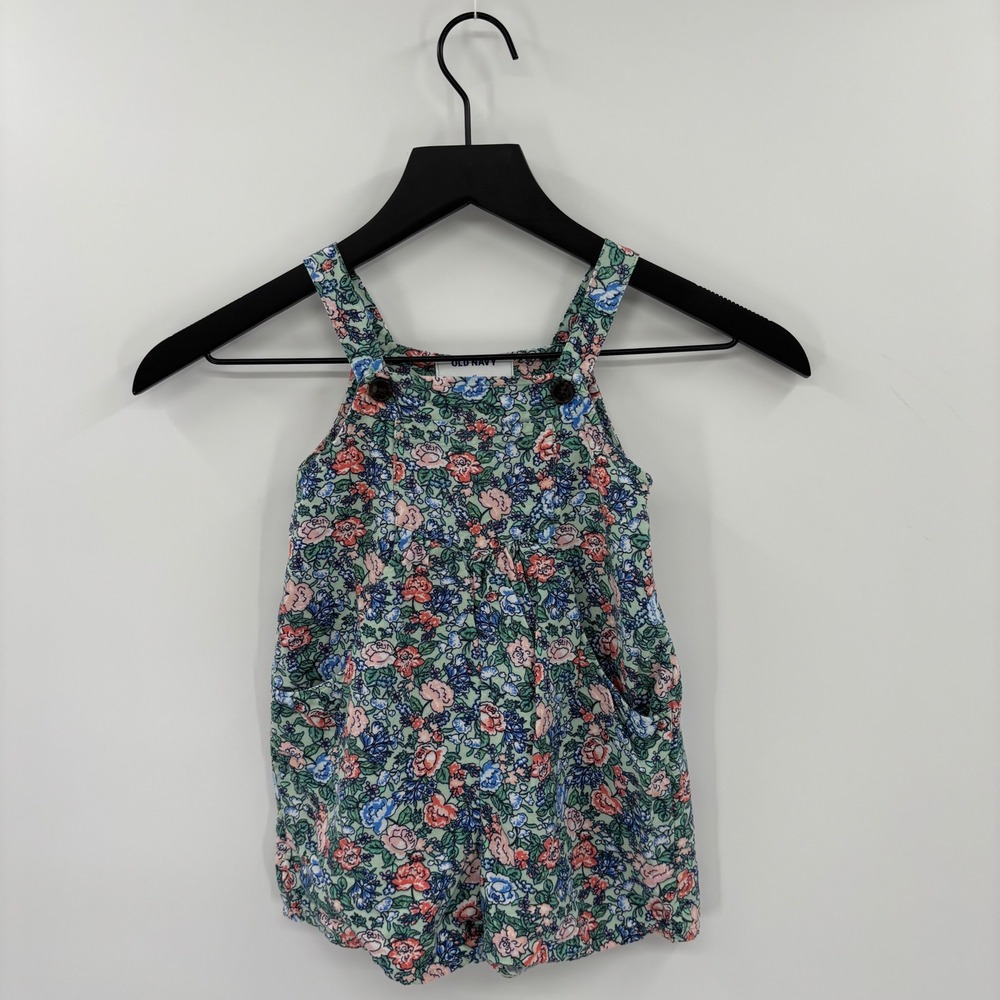 Old Navy Romper Girls 4T Green Floral Cotton Linen Sleeveless Summer Boho Linen
